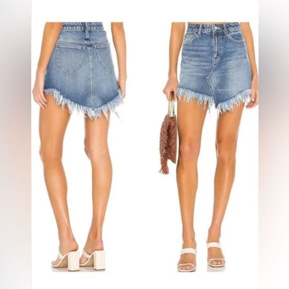 Free People Bailey Raw Hem Fringe Denim Jean Asymmetrical Mini Skirt 29 - Picture 2 of 13
